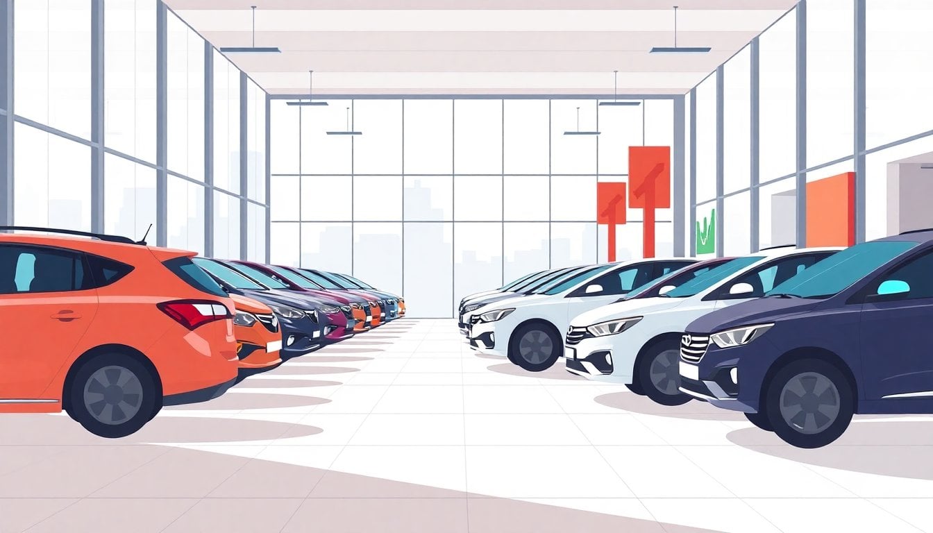 rows of new 0km cars at a modern Argentine dealership showroom, glass facade, daylight, no people visible