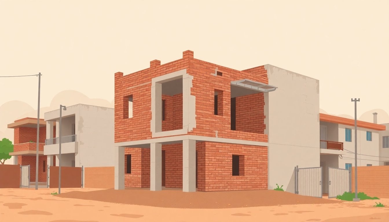 unfinished housing construction in Argentine suburban neighborhood, exposed brick walls and concrete columns, low-income area, overcast sky