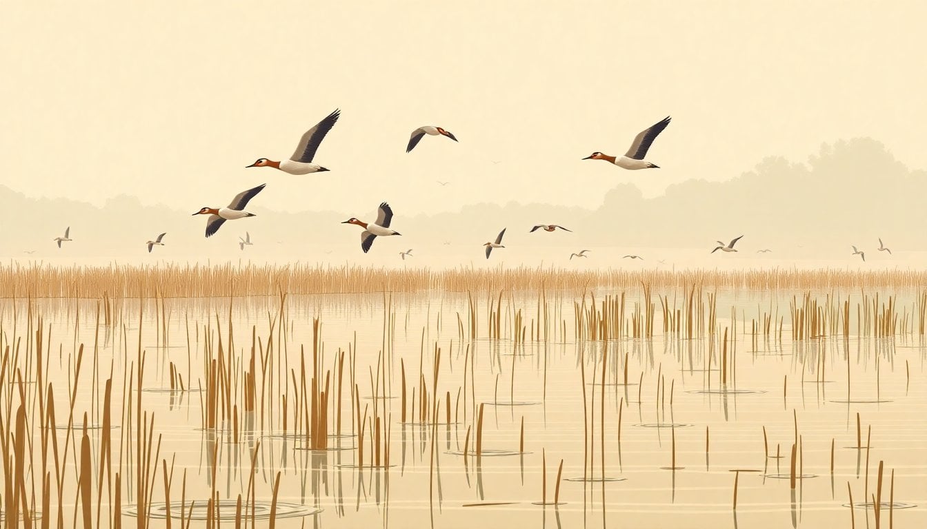 wetland lagoon in Santa Fe with protected waterfowl flying over reeds, calm water, overcast daylight, no people visible