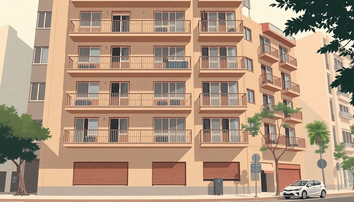 Argentine residential apartment building facade in Buenos Aires, balconies and street view, midday light, no people