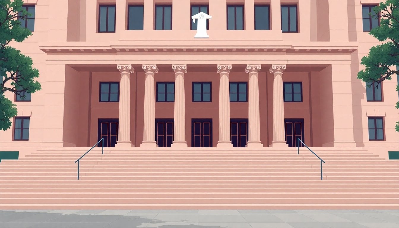 Rosario federal courthouse exterior, Argentine judicial building facade, daytime, empty steps, serious institutional atmosphere
