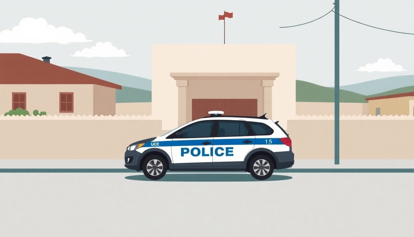 Buenos Aires Province police patrol car parked outside a municipal building in a small Argentine coastal town, daytime