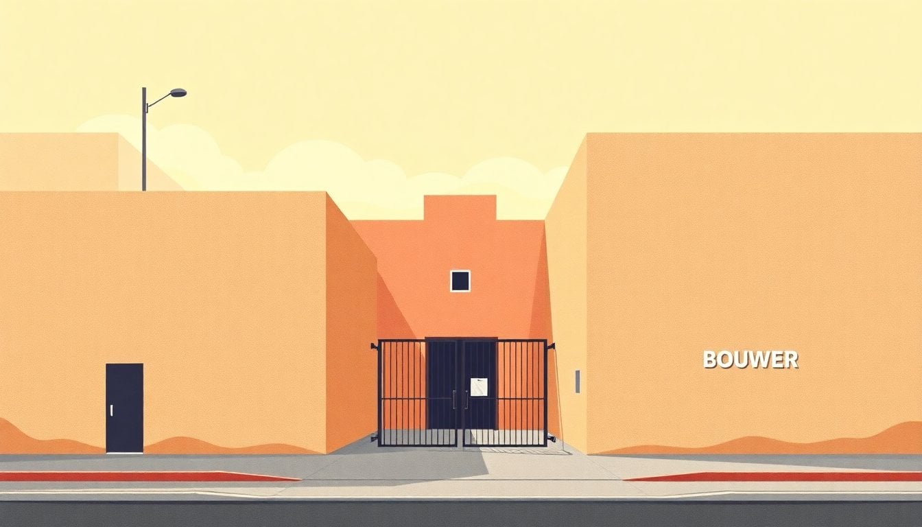 Bouwer prison exterior in Córdoba Argentina, concrete walls and entrance gate, daylight, no people