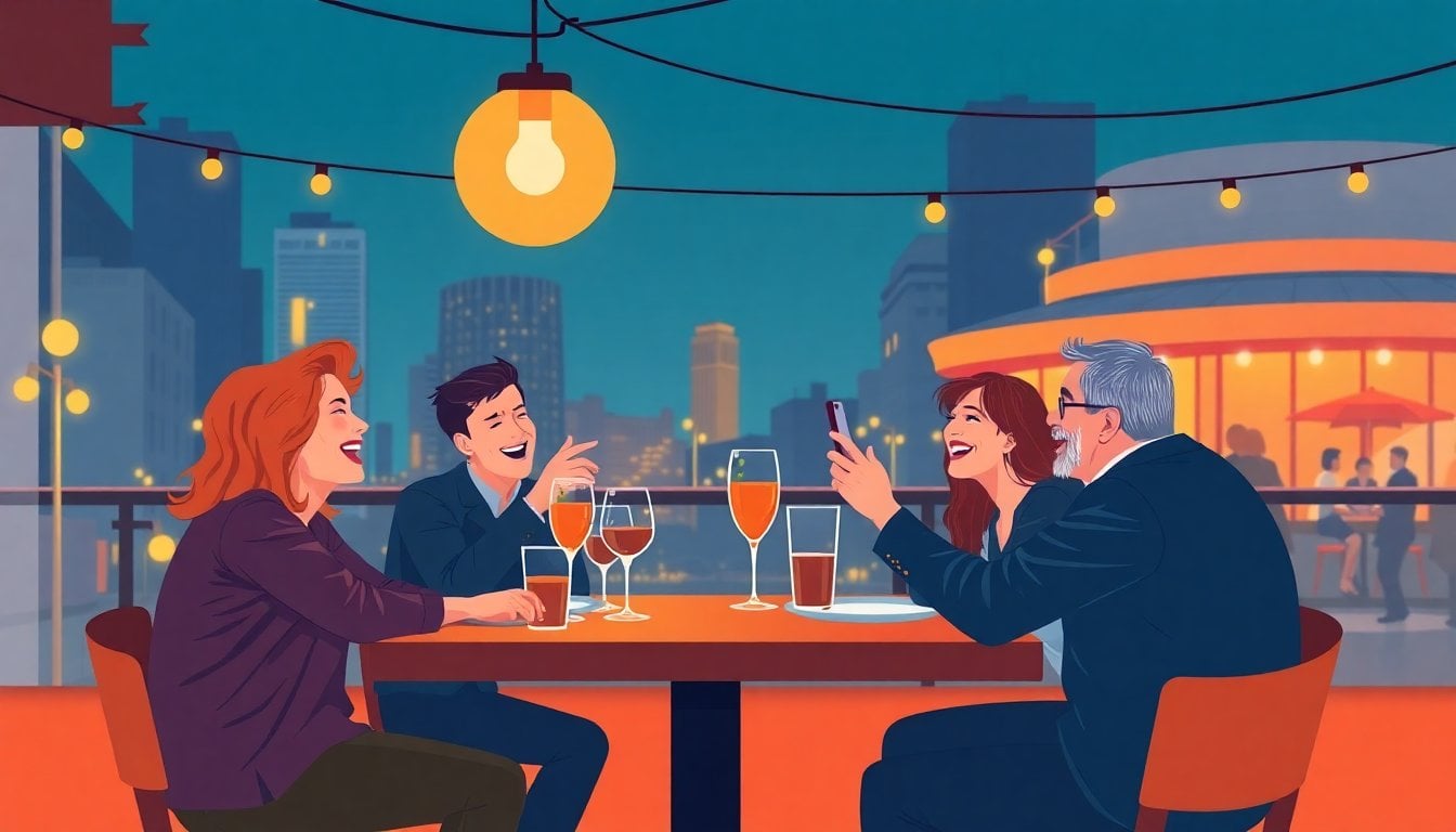 group of friends laughing around a restaurant table in Buenos Aires at night, warm lighting, glasses raised, no phones visible