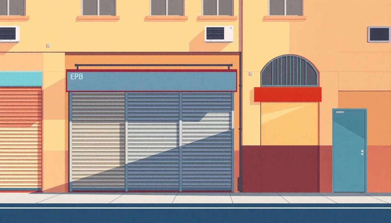 Argentine commercial street with closed storefronts and metal shutters, mid-morning light, no people visible