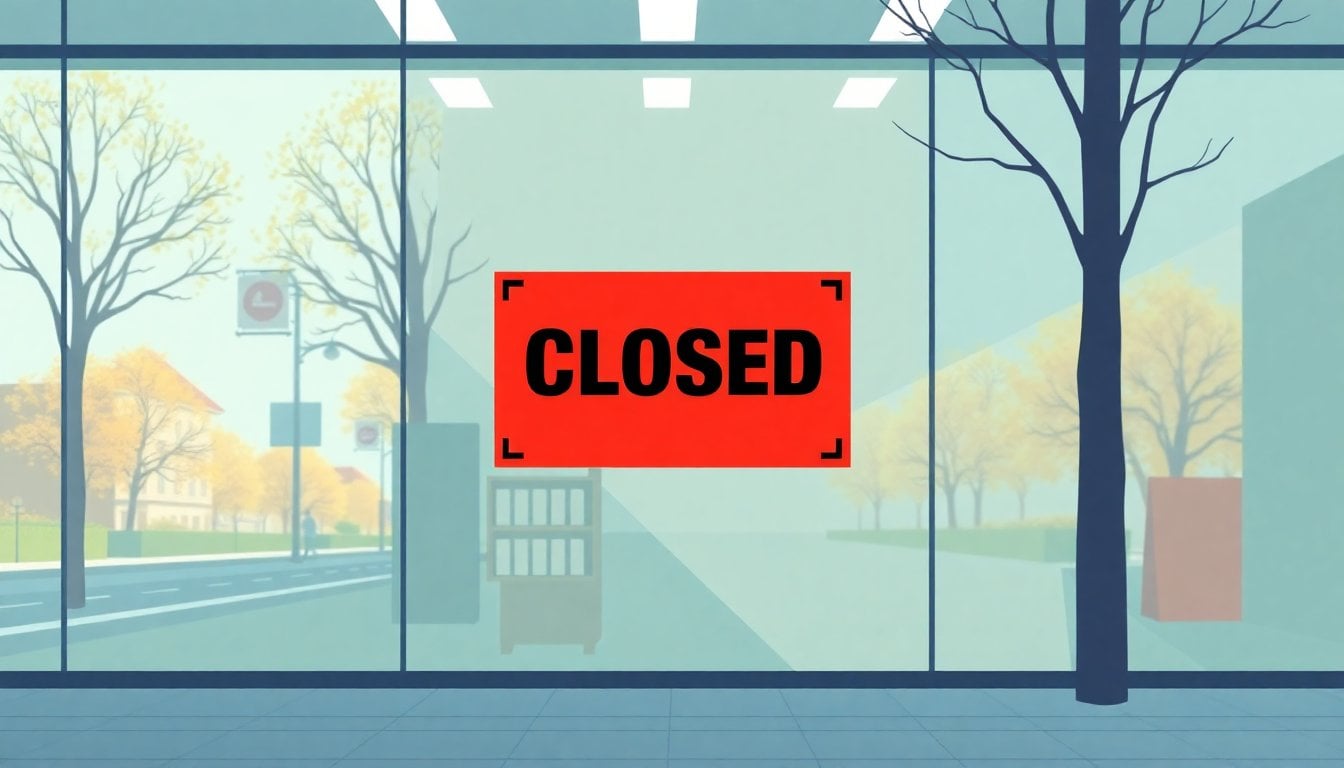 Argentine retail store closed sign on glass door, empty commercial street, autumn morning light, no people