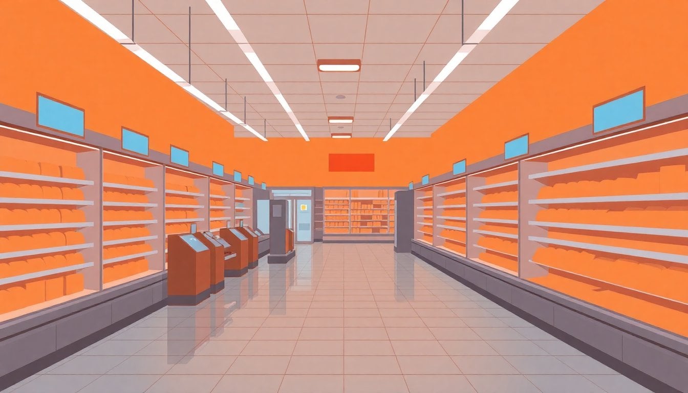 empty supermarket aisle with lights on and closed checkout registers, no customers, quiet Sunday atmosphere