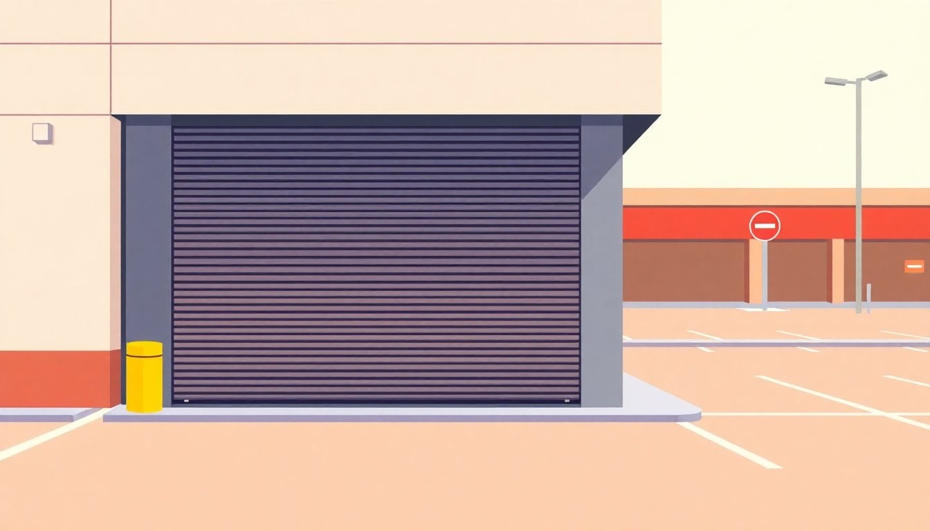 closed supermarket entrance with metal rolling shutters down, empty parking lot, daylight, Argentina