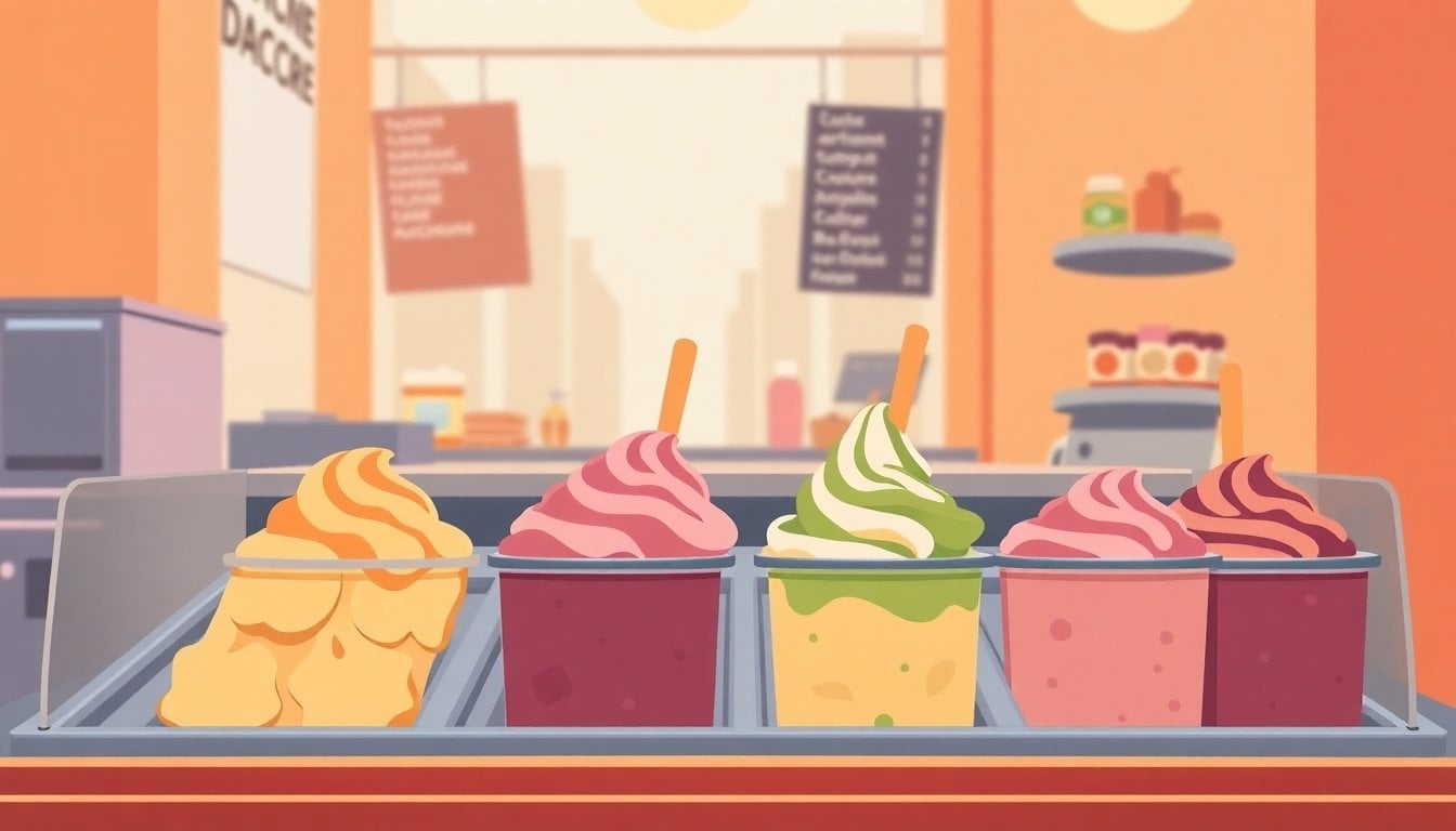 Italian-style artisan ice cream parlor display case in Buenos Aires with colorful gelato flavors and metal containers, close-up, no people