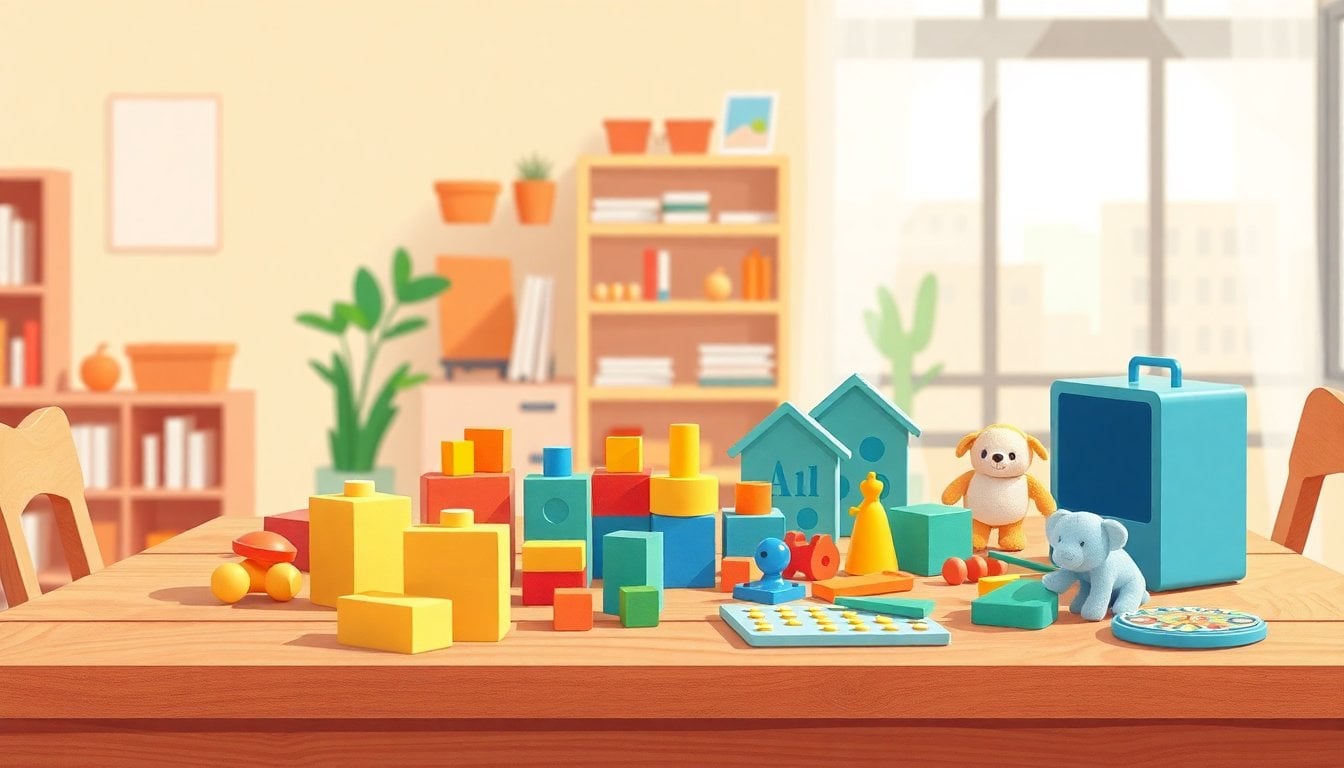 colorful children's toys on a wooden table, building blocks, stuffed animals and board games, soft natural light, no people