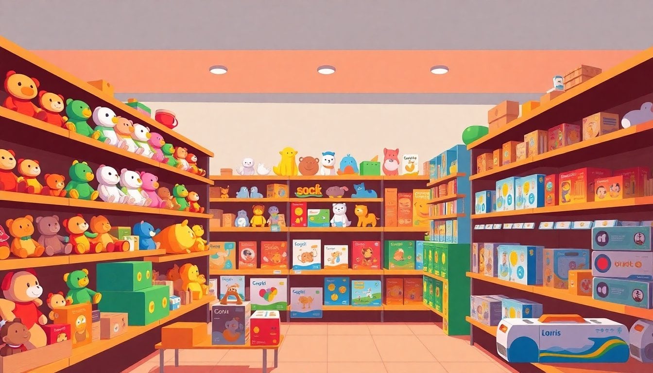 colorful toy store shelves with stuffed animals, board games and building blocks, warm lighting, no people visible, Buenos Aires