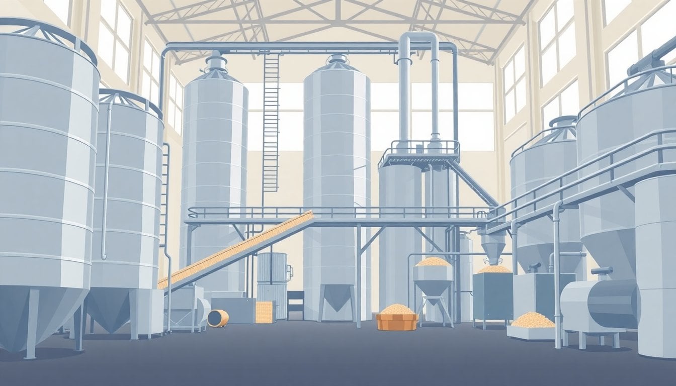 industrial grain mill interior with large steel silos, conveyor belts, and flour processing machinery, clean factory floor, daylight through windows