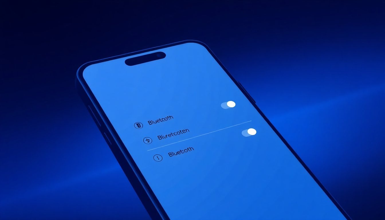 close-up of smartphone screen showing Wi-Fi and Bluetooth settings toggles turned off, dark background, soft blue light