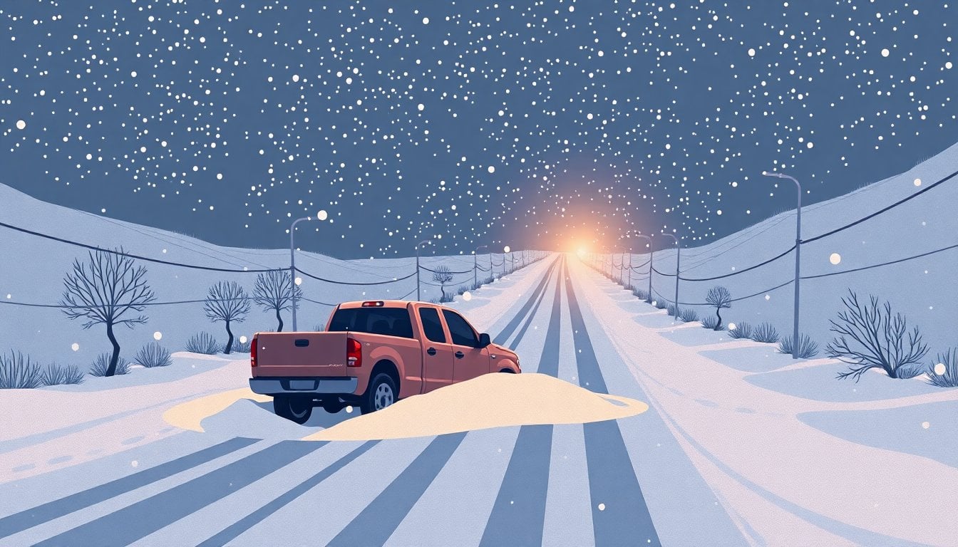 snow-covered rural road in Patagonia Argentina at night, heavy snowfall, stranded pickup truck buried in snow, no people visible