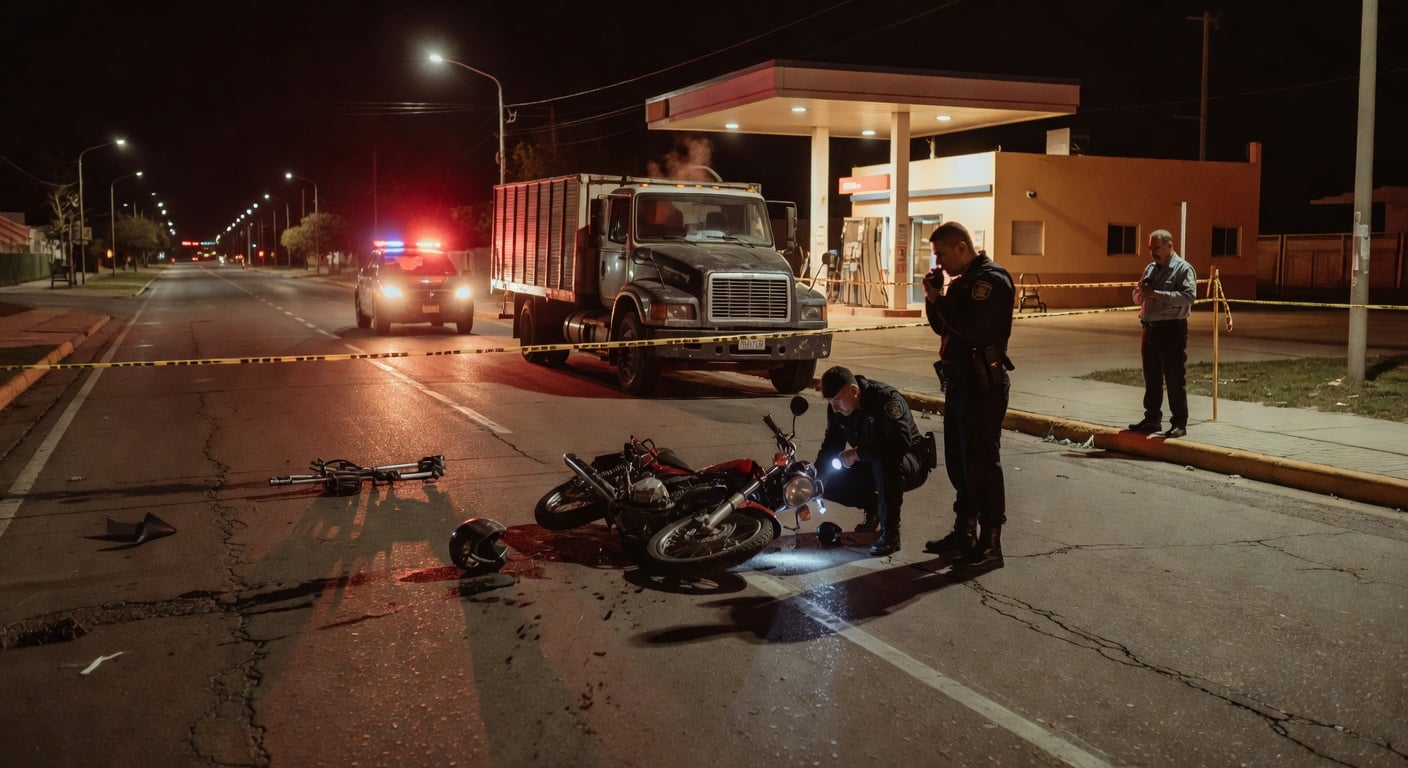 motorcycle accident scene on Argentine provincial avenue at night, police tape, truck parked near fuel station entrance, emergency lights