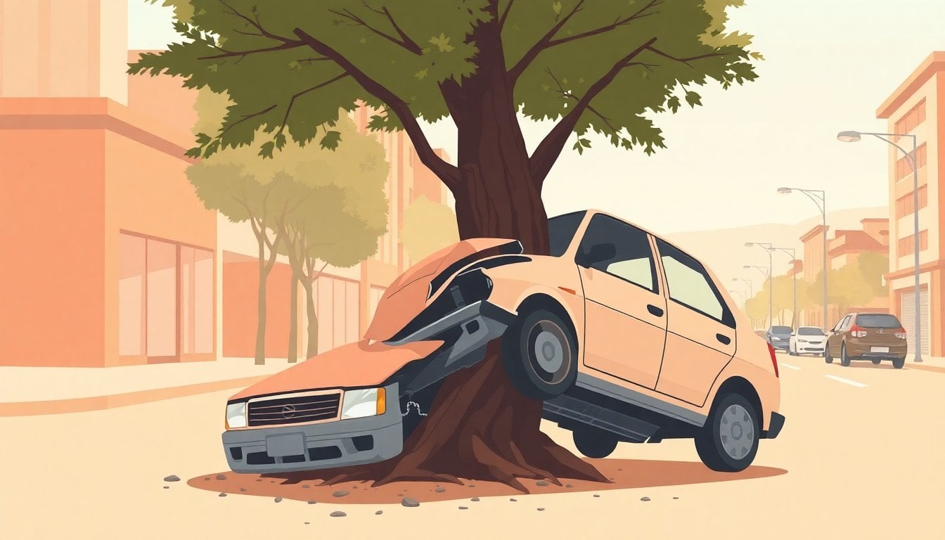 wrecked small car crashed head-on into a tree on a city street in Mendoza, twisted metal, daylight, no people visible
