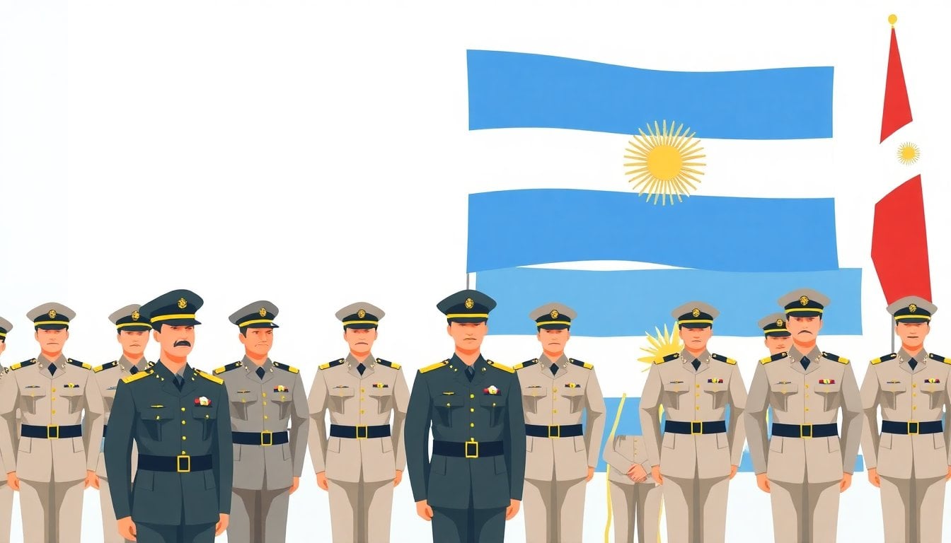 Argentine military personnel in formal uniform standing in formation at outdoor ceremony, Argentine flag in background, natural daylight