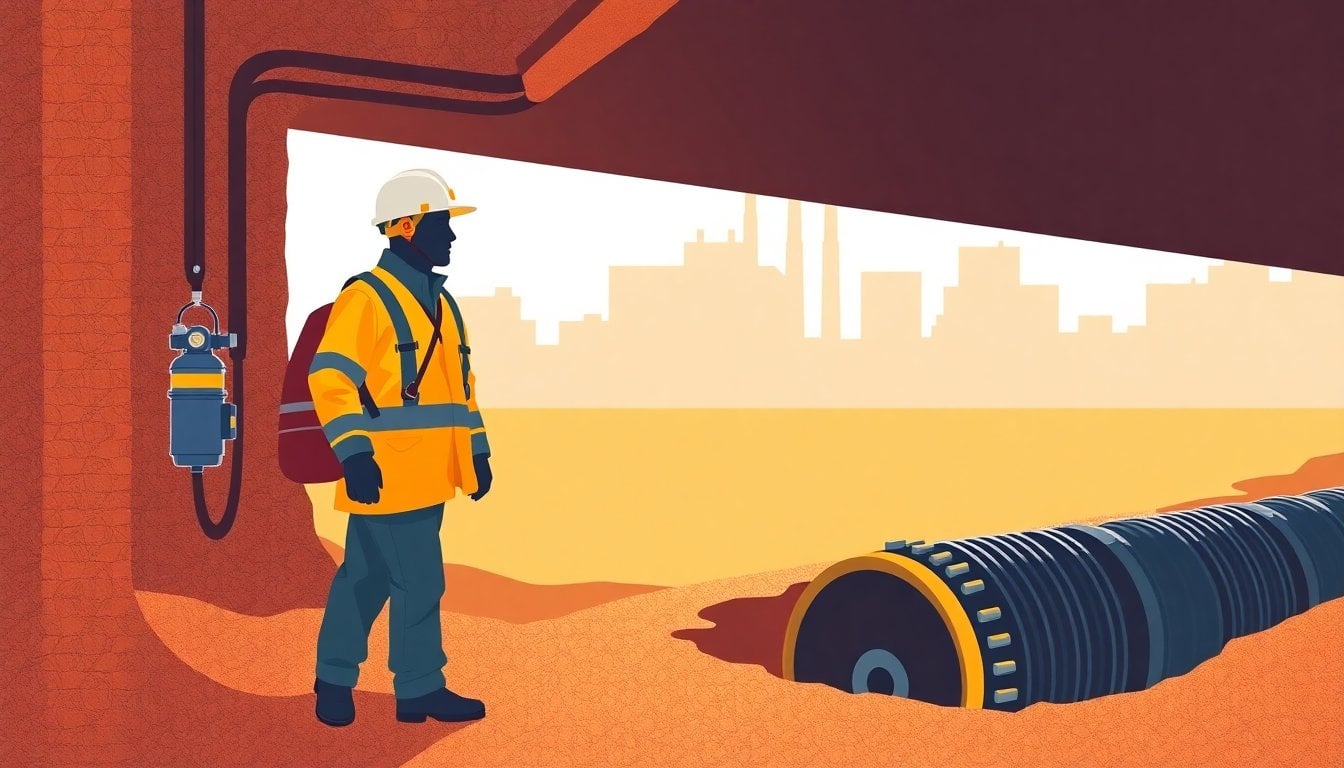 workers in safety gear at sewage maintenance site, confined space entry equipment, harness and gas detector visible, industrial setting outdoors
