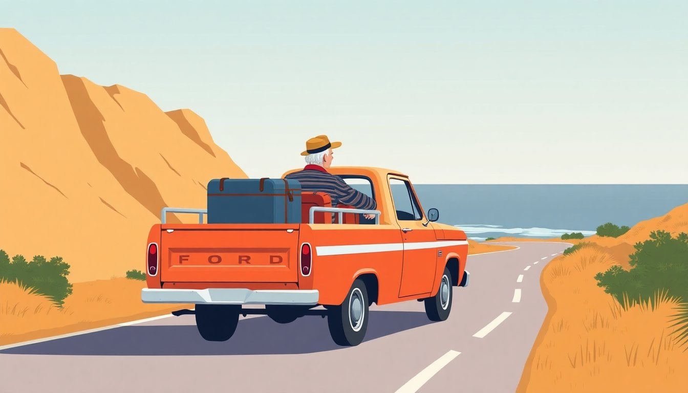 older couple traveling along the Argentine coast in a vintage Ford 600 truck from 1975, seaside road, luggage visible, daylight, documentary style
