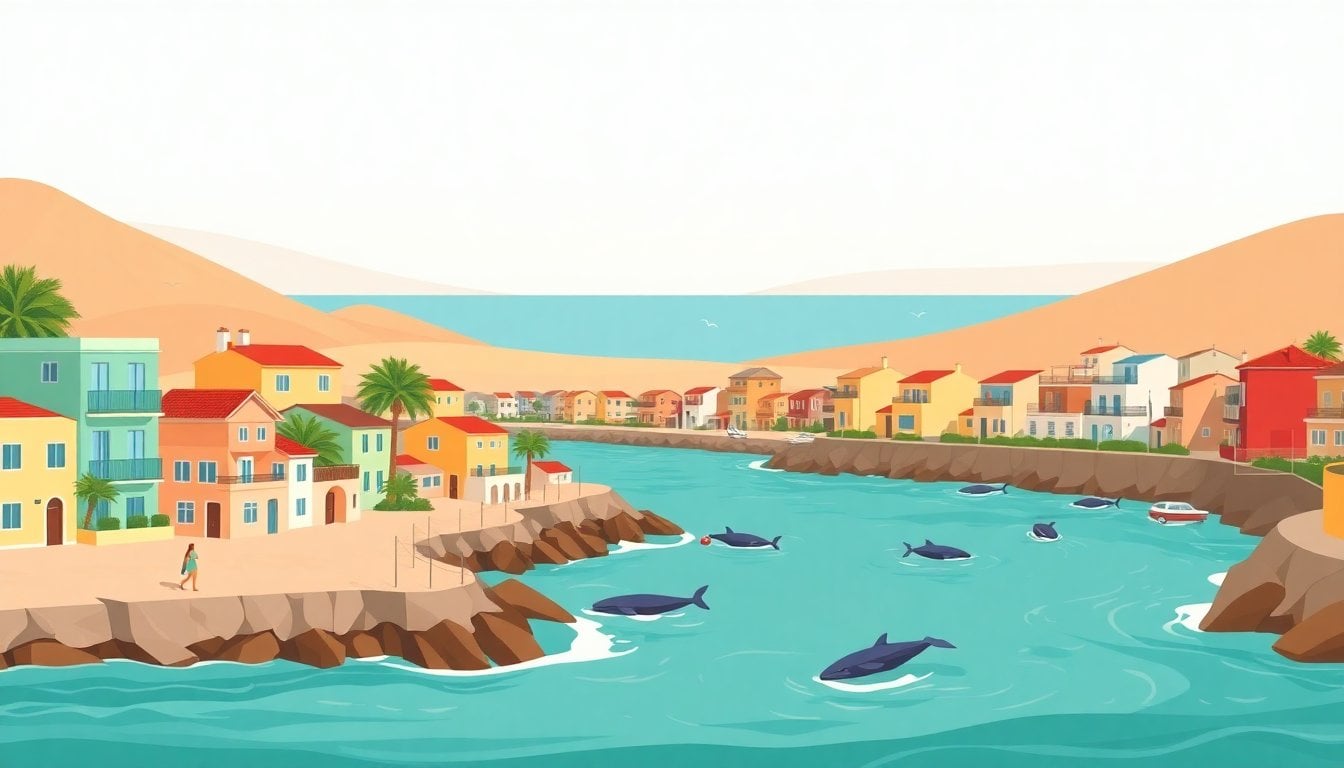 small beach town with turquoise sea and distant whales near the shore, colorful houses, summer tourism atmosphere, wide coastal landscape