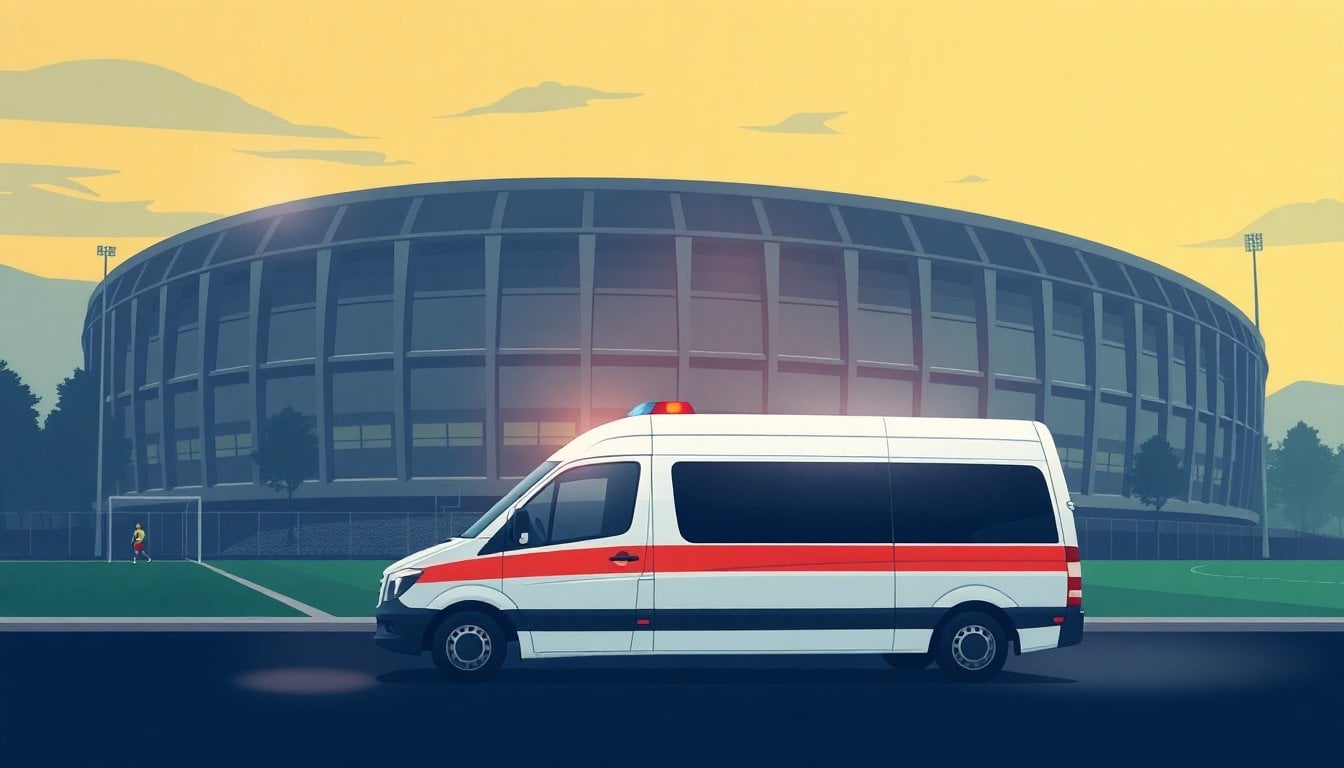 ambulance parked outside a football stadium in Chile, emergency lights on, evening light