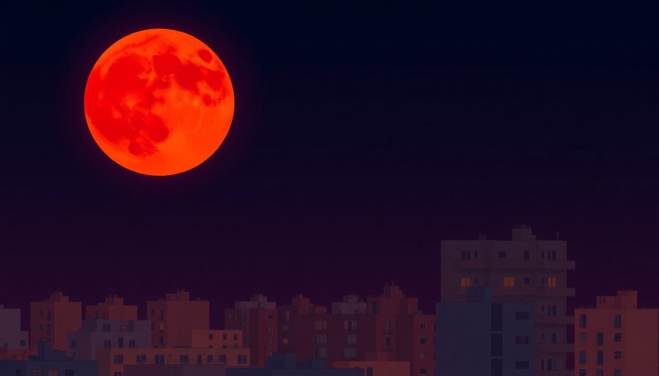 blood moon during partial lunar eclipse, deep red and orange lunar surface against dark night sky, long exposure astrophotography