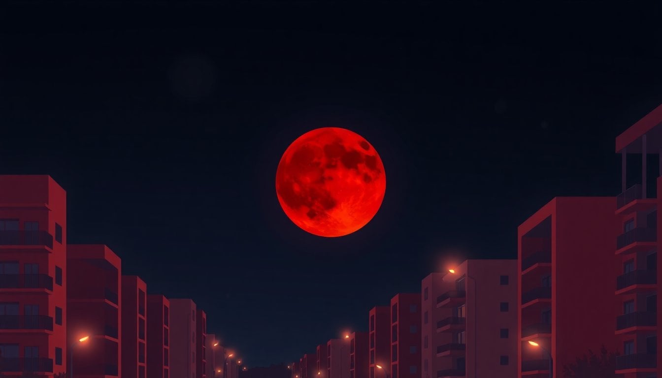 blood moon partial lunar eclipse dark night sky deep red orange moon close-up no artificial light