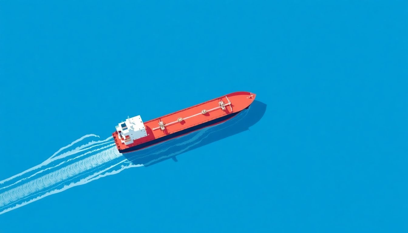 Strait of Hormuz aerial view oil tanker vessel passing through narrow waterway Persian Gulf, satellite-style photo, daytime