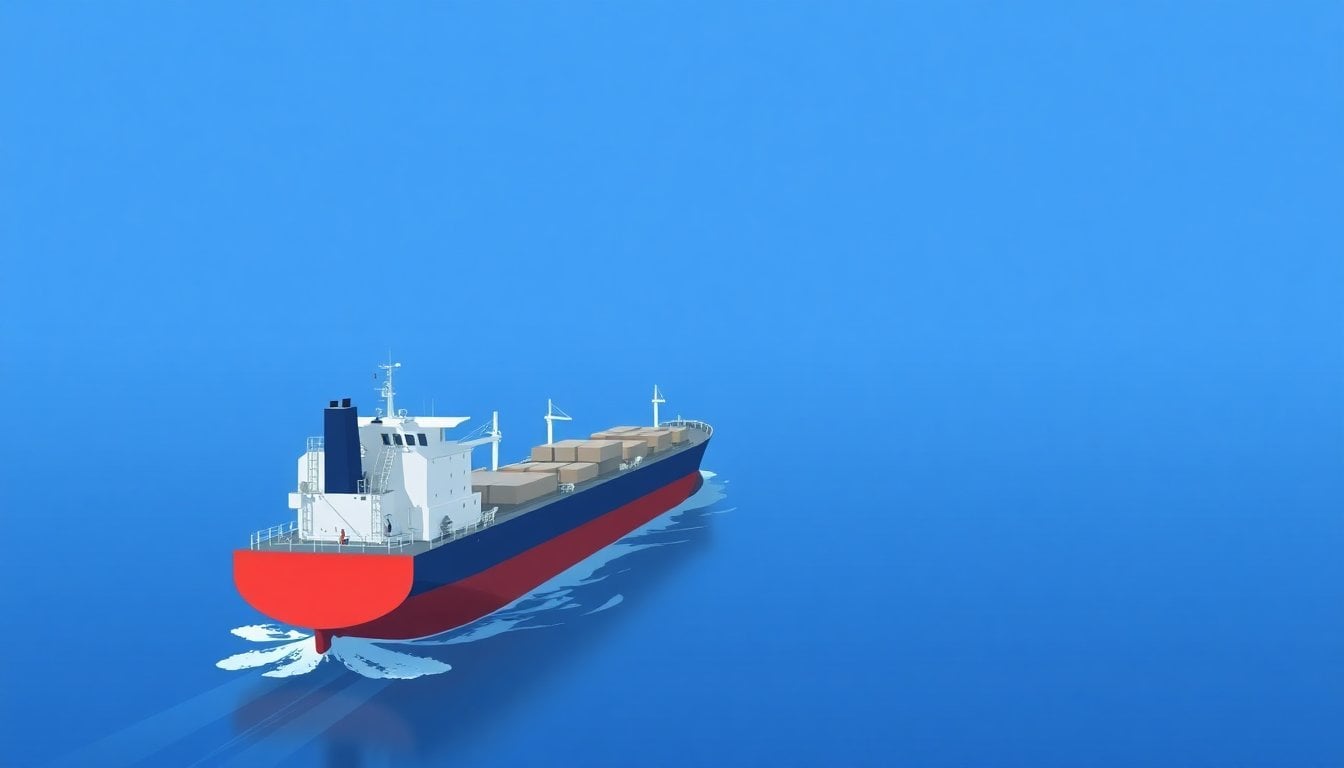 oil tanker cargo ship passing through narrow strait, aerial view, calm blue sea, strategic maritime chokepoint, no people visible