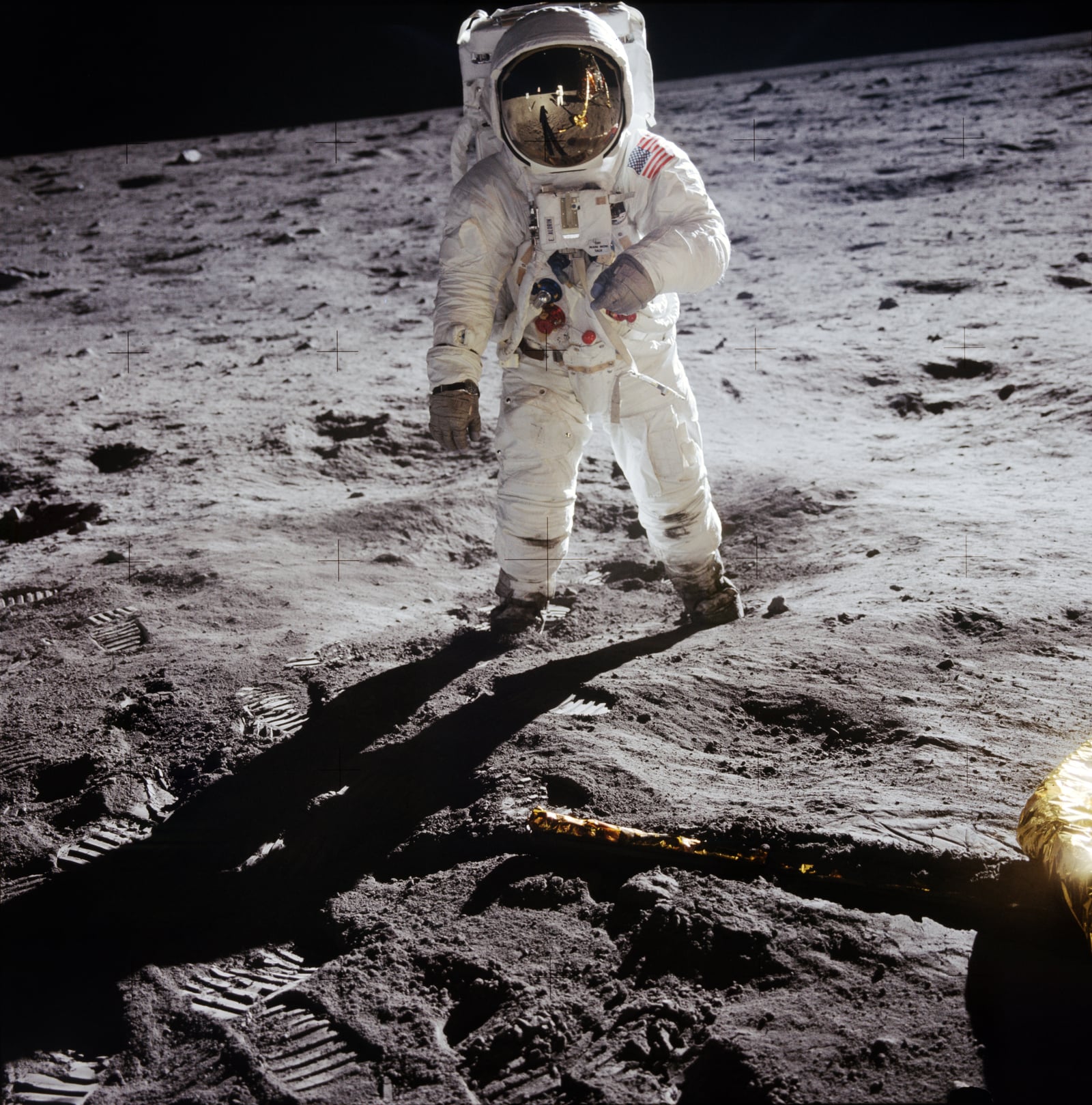 Apollo 11 Hasselblad image from film magazine 40/S - EVA. The image of astronaut Neil Armstrong photographing astronaut Aldrin is clearly seen in the reflections on the helmet visor of astronaut Aldri