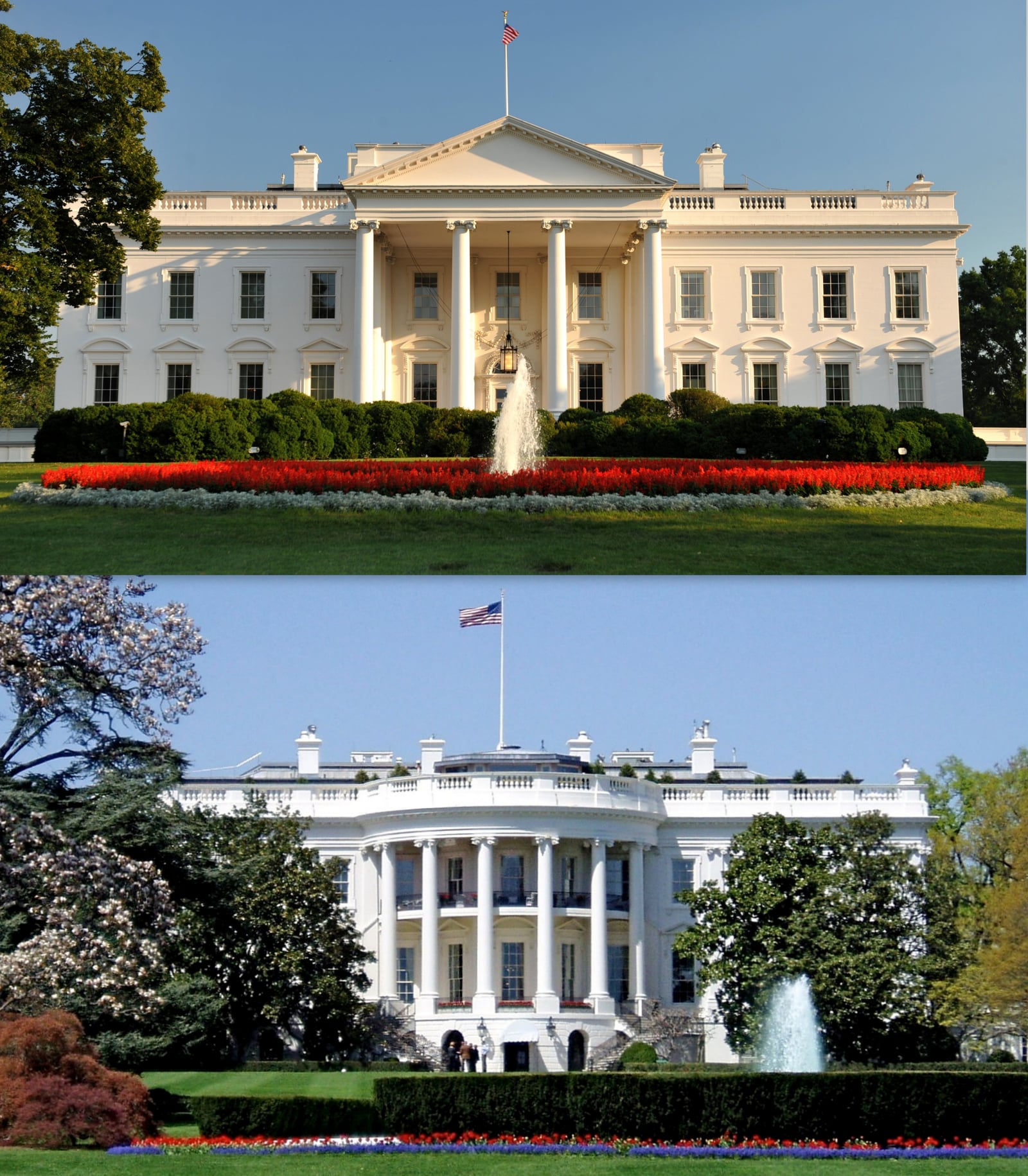 The north (top) and south (bottom) sides of the White House in Washington, D.C.
