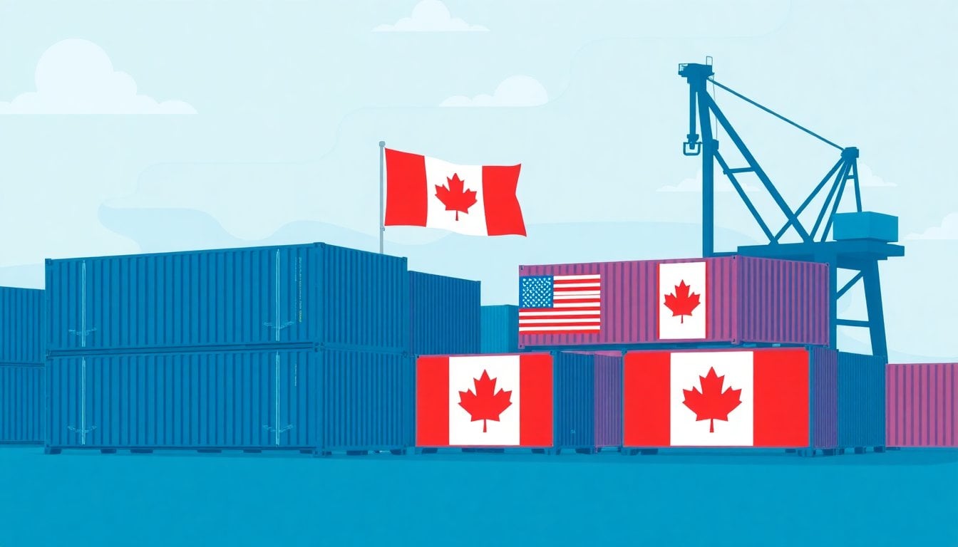 shipping containers at a North American port with Canadian and US flags visible, overcast sky, industrial crane in background