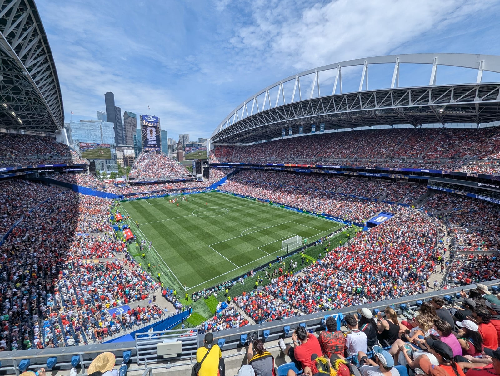 A 2026 FIFA World Cup group stage match between Belgium and Egypt, seen from the southwest corner in the upper stand at Lumen Field in Seattle, Washington.