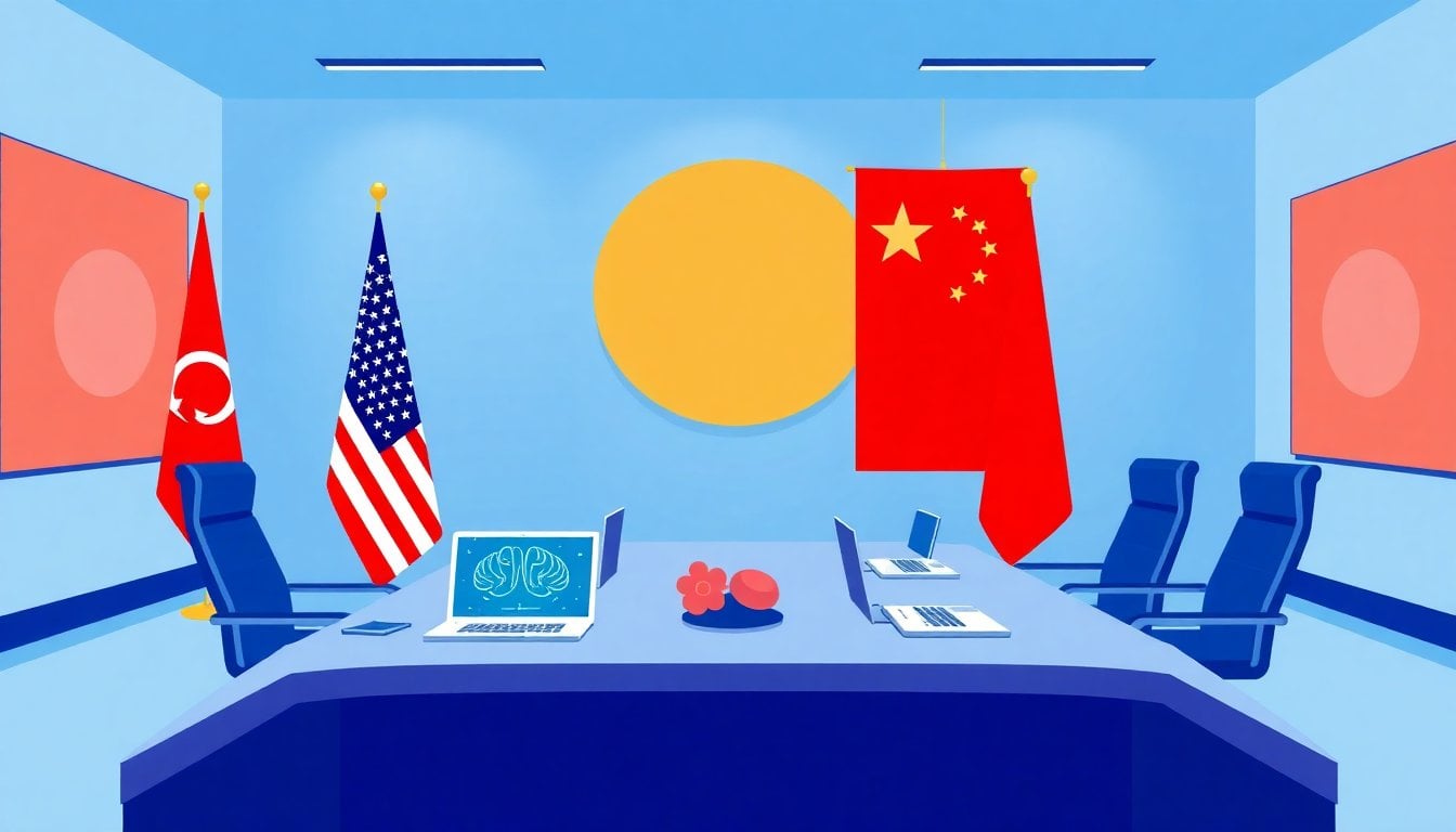 meeting room with U.S. and China flags side by side, laptop screens showing artificial intelligence interface, diplomatic table, modern government office, no people visible