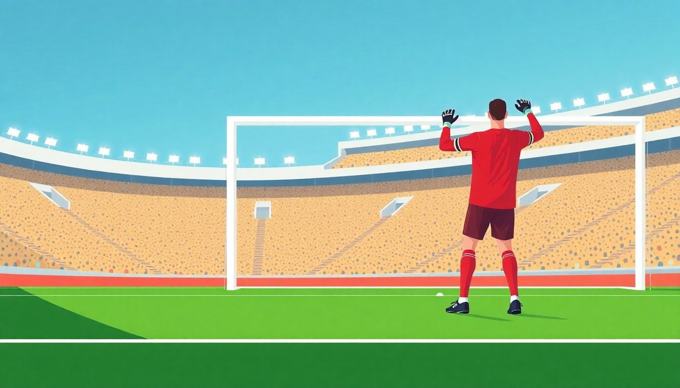soccer goalkeeper standing motionless in goal during penalty kick, football pitch in Bolivia, stadium with sparse crowd, daytime