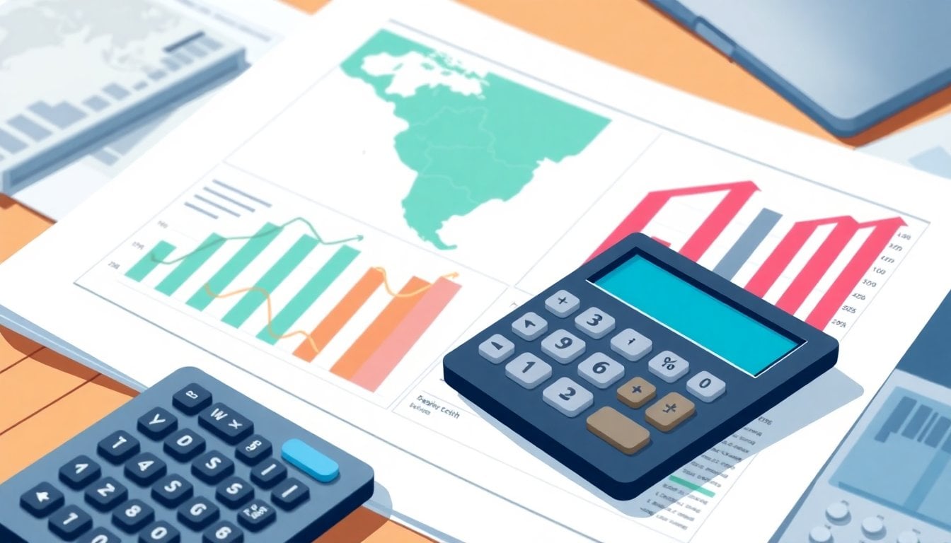 a financial report page with Latin America map highlighted, calculator and printed growth forecast charts on desk, office setting, close-up
