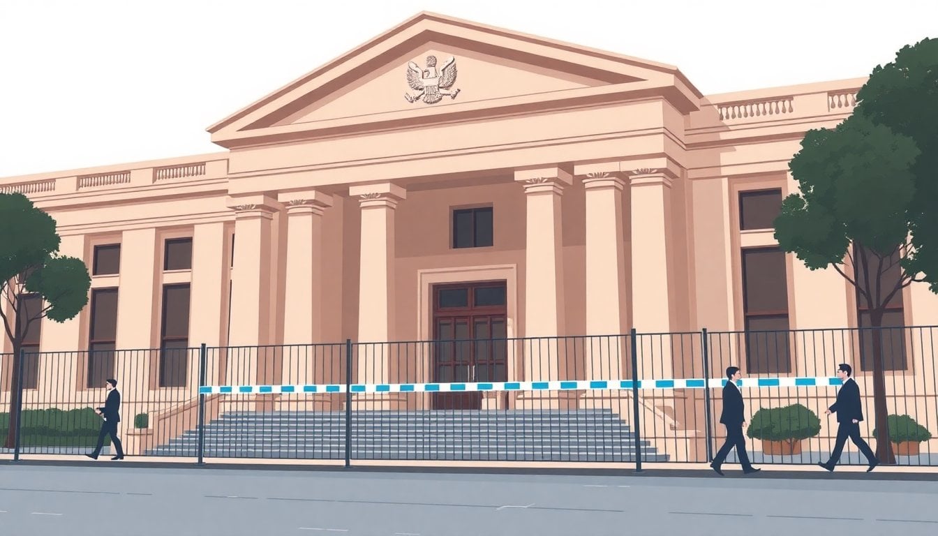 Argentine courthouse exterior with security barrier, Buenos Aires judicial building facade, daytime, no people in foreground
