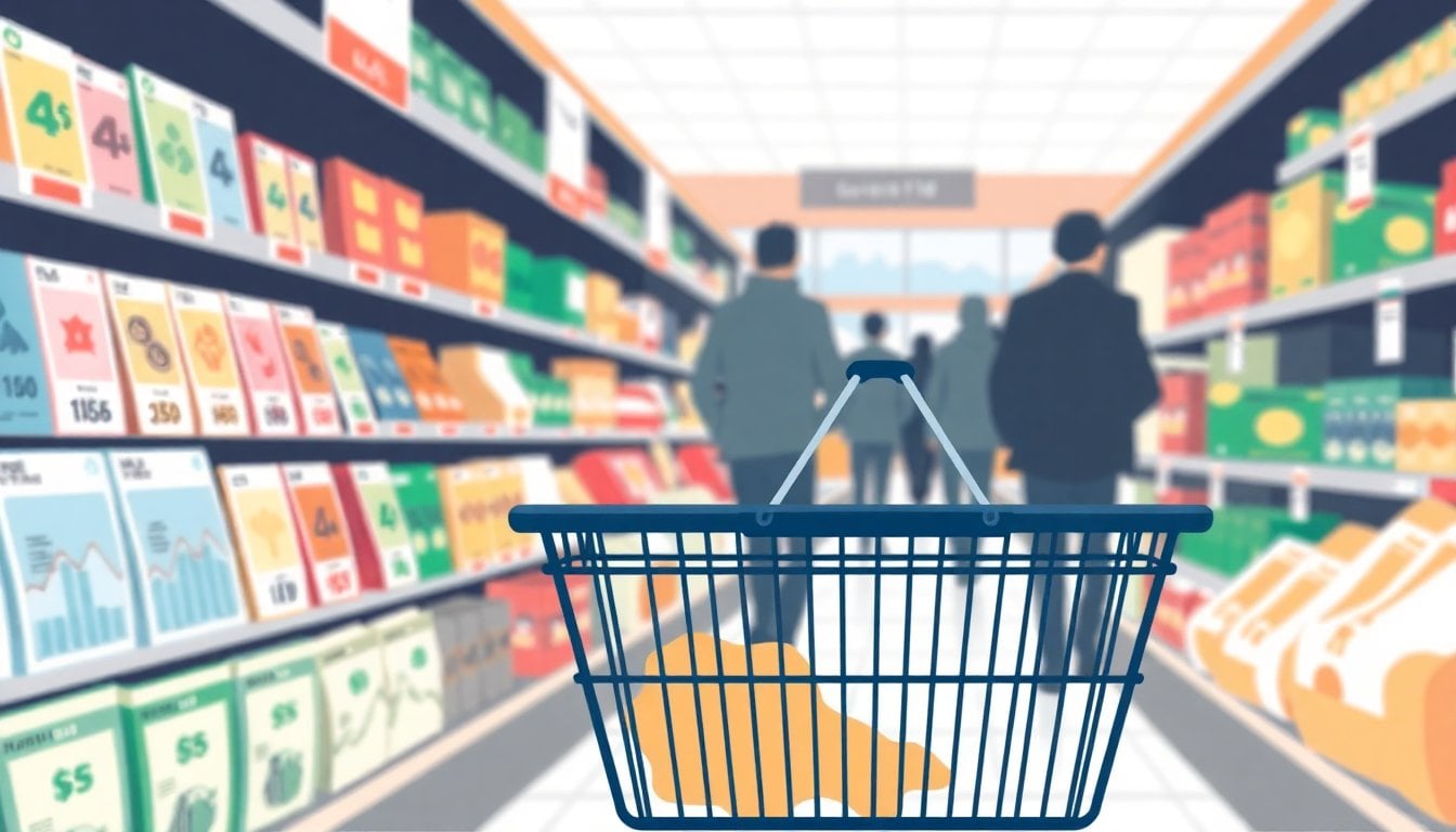 Argentine supermarket aisle with price tags on shelves, shopping basket in foreground, blurred figures in background, Buenos Aires store