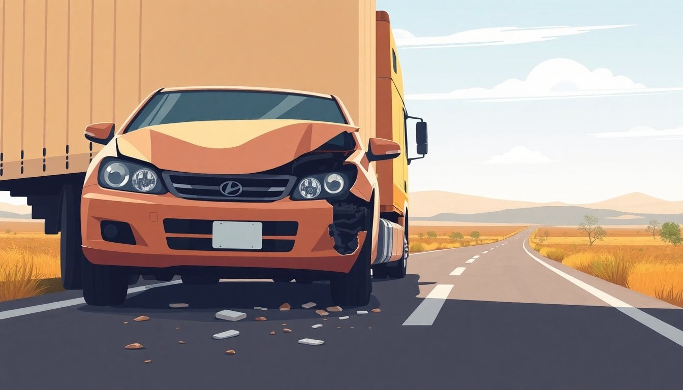 damaged car front after collision with truck on Argentine national route, debris on asphalt, rural Chaco landscape, daylight