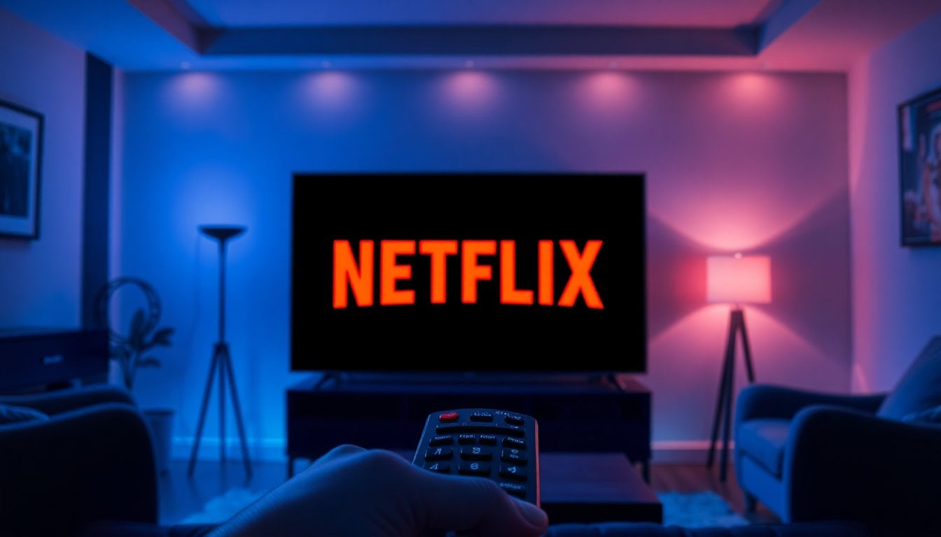 Netflix streaming service logo on a TV screen in a dark living room, remote control in foreground, blue light ambiance