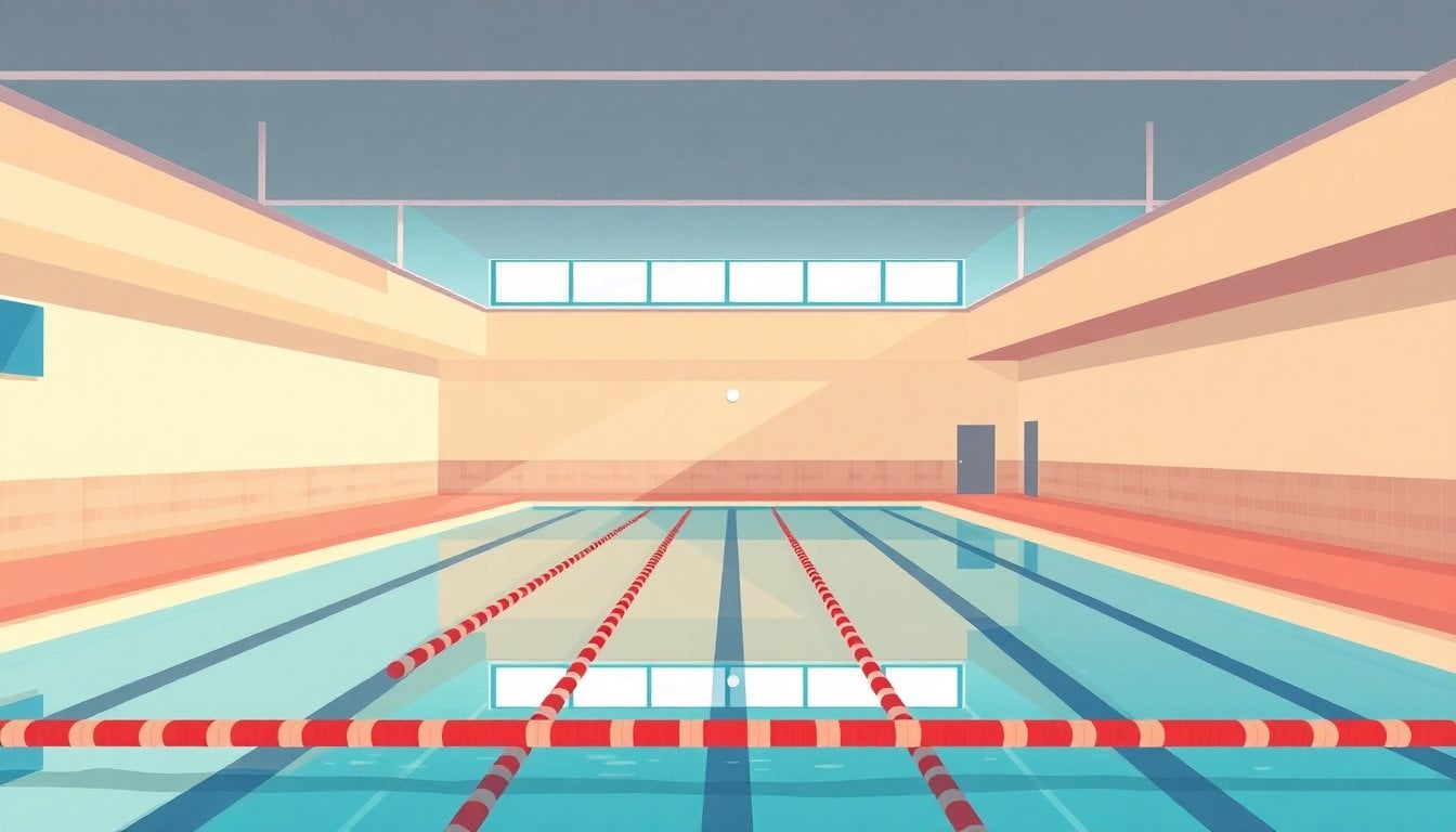 indoor swimming pool with clear blue water, lane dividers, natural light from ceiling windows, no people visible