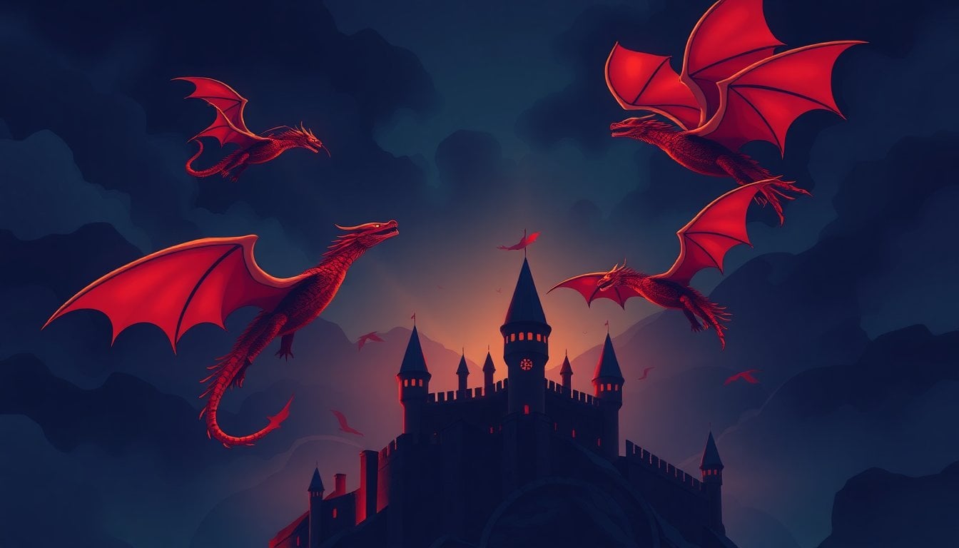 House of the Dragon HBO series promotional scene with dragons flying over a medieval castle, dark fantasy setting, cinematic lighting