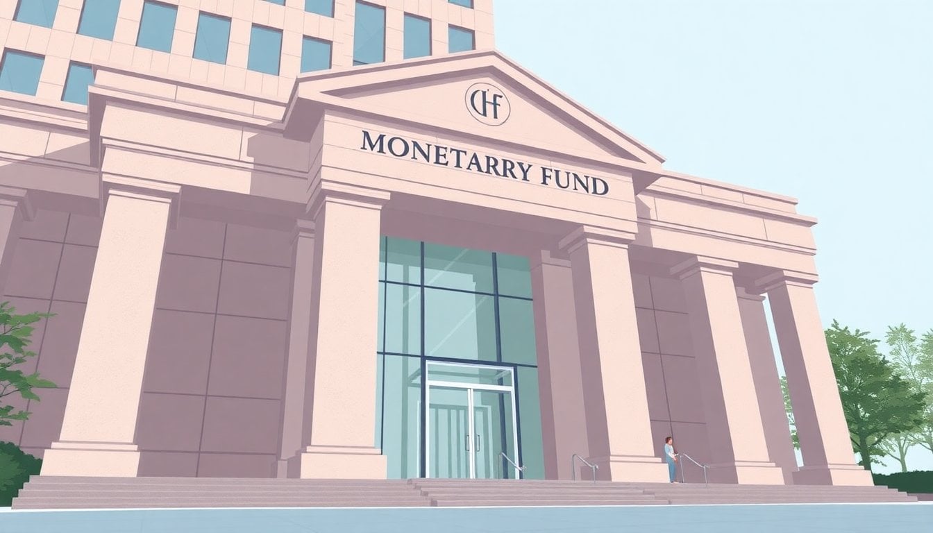 International Monetary Fund headquarters facade in Washington DC, stone columns and glass entrance, daylight, no people visible