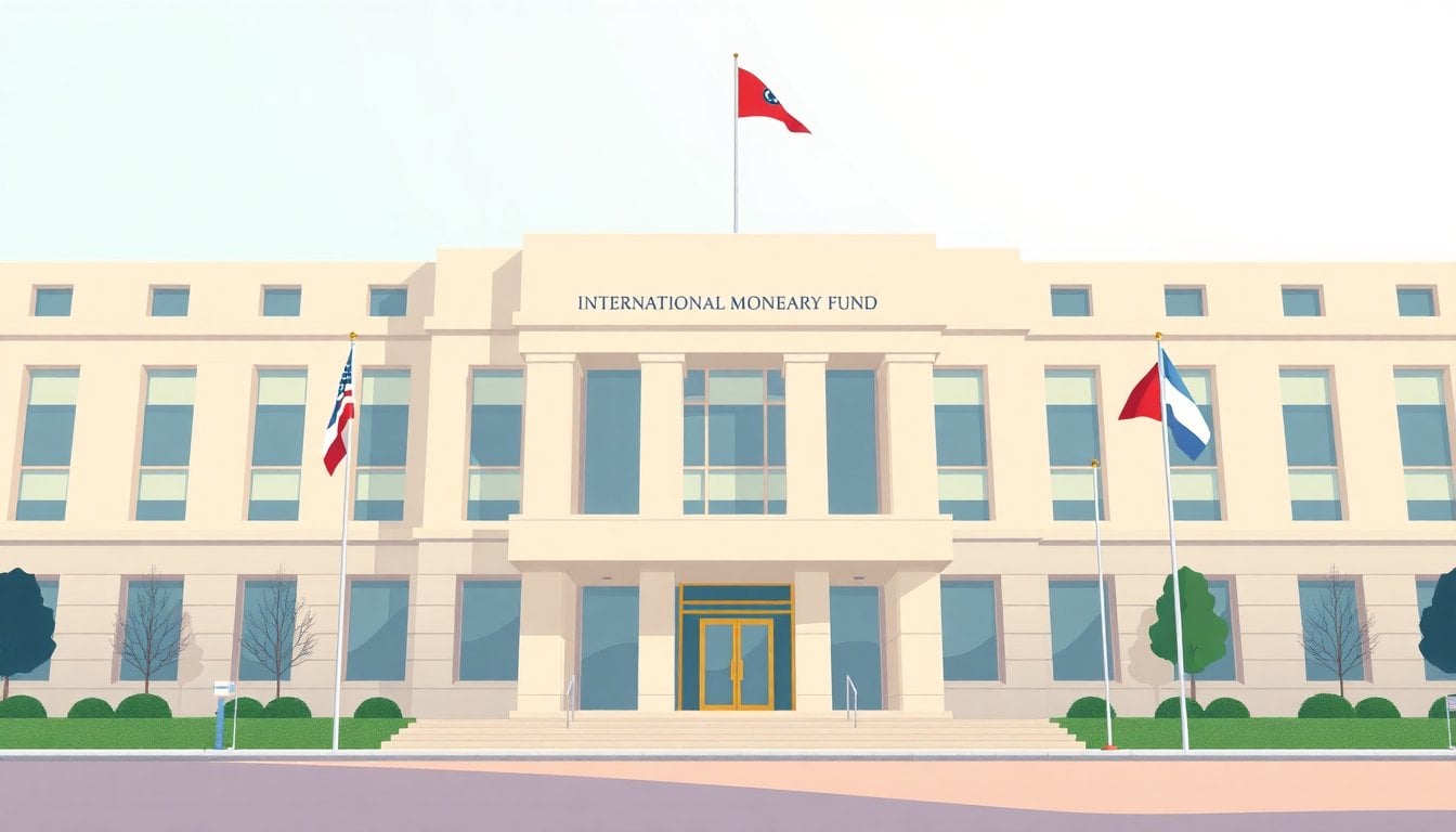 International Monetary Fund headquarters facade in Washington DC, flags at entrance, daylight, clear institutional exterior