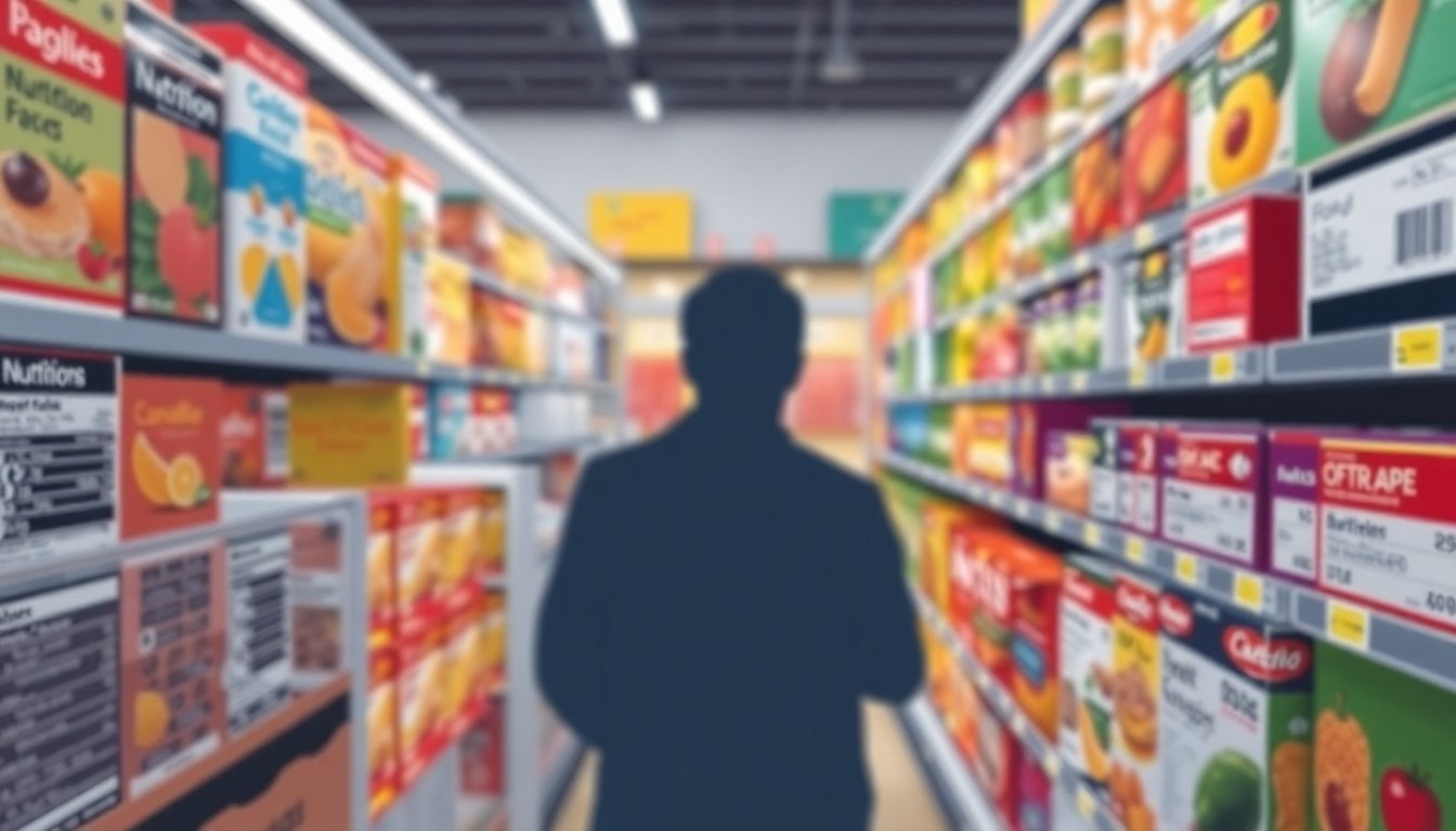 black octagon warning labels on packaged food products in Argentine supermarket, close-up of nutrition labels on colorful packaging, shallow depth of field