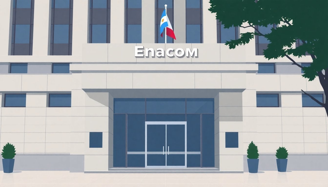 front entrance of the Enacom headquarters in Buenos Aires, modern government building facade, Argentine flag, daytime, no people visible