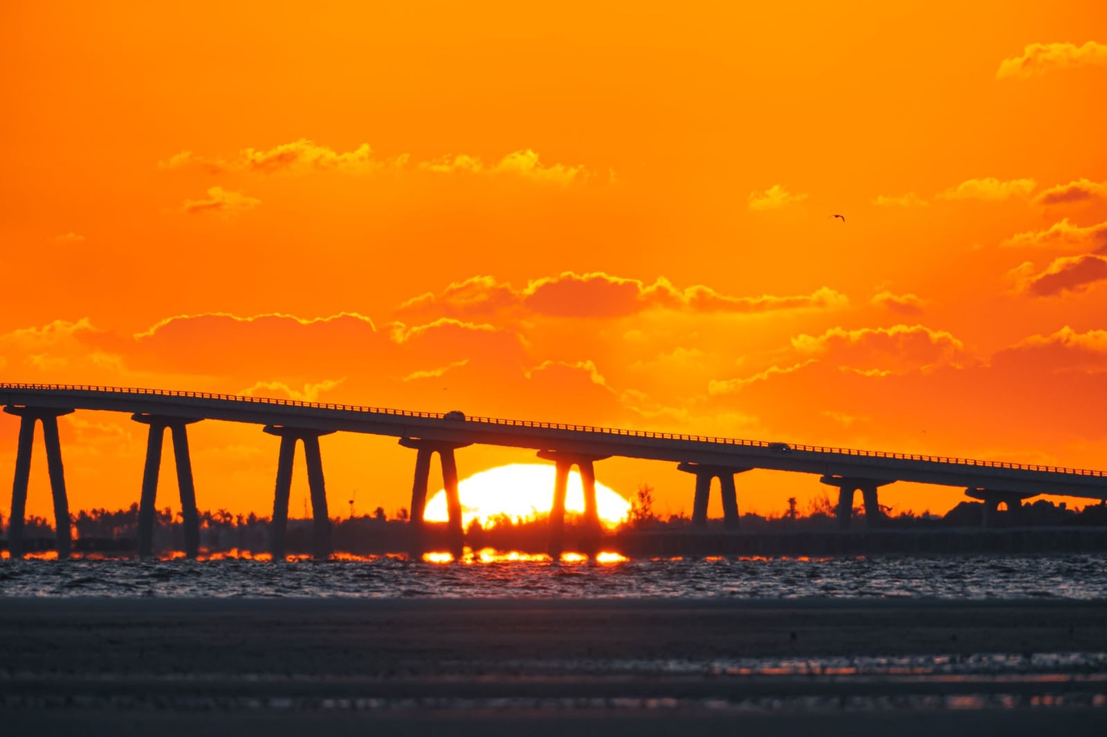 Impresionante vista del atardecer desde un puente sobre el agua en Florida, con cielos y reflejos de color naranja intenso.