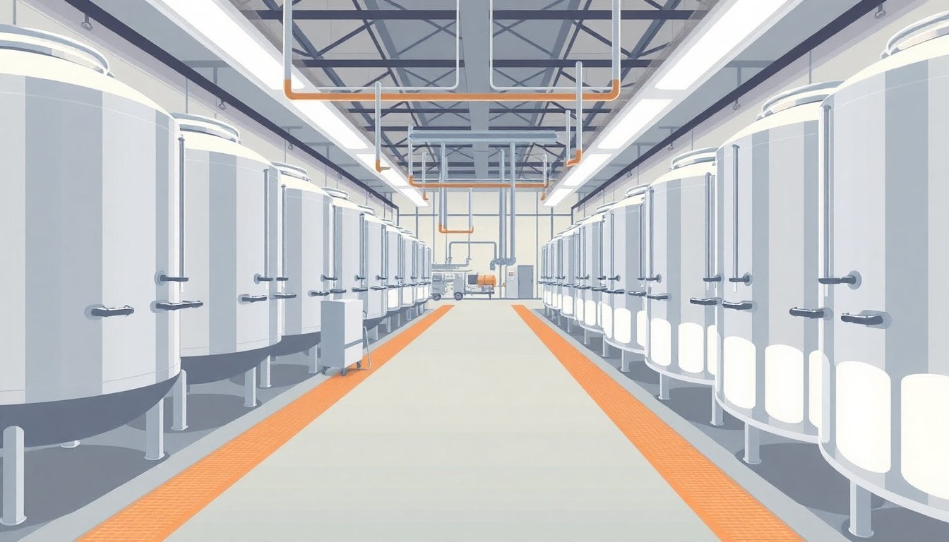 Argentine dairy processing plant interior with stainless steel tanks and production line, no people visible, industrial lighting