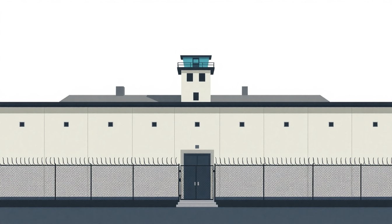 Argentine prison penitentiary exterior facade with guard tower, high walls and barbed wire fence, daylight, no people in foreground