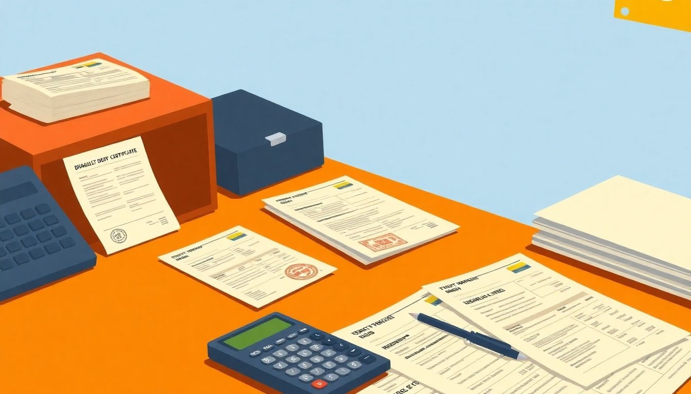 Argentina government office desk with disability pension paperwork, stamped forms, medical certificates, calculator and scattered folders, close-up, daylight